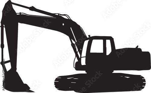 Black Silhouette of an Excavator Machine on White Background