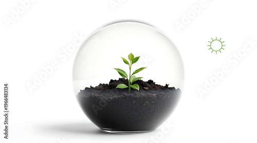 Green houseplant in pot and glass container isolated on white background