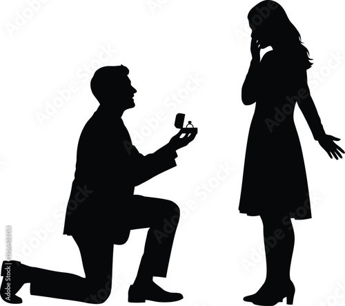 Silhouette of man kneeling and proposing marriage to surprised woman with diamond engagement ring box