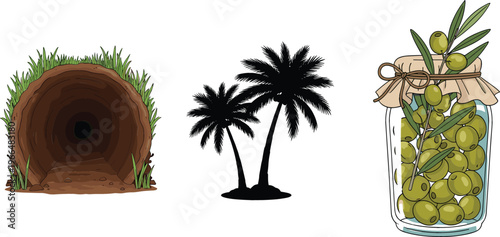 Vector illustration set with underground tunnel entrance, tropical palm tree silhouette, and glass jar of green olives with leaves