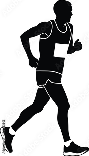 Black Silhouette of Male Marathon Runner Isolated on White Background for Sports Fitness Graphic Design
