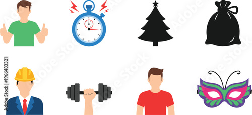 Vector icon set with people avatars, alarm clock timer, Christmas tree silhouette, garbage bag, construction worker, dumbbell workout, and carnival mask