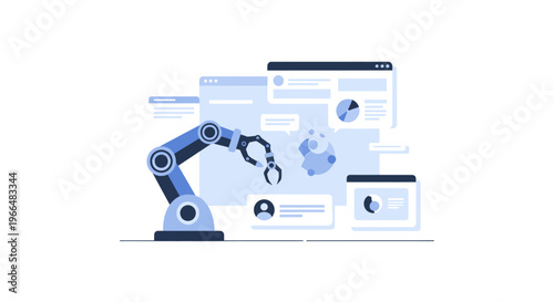 Robotic arm automating digital data analysis and processes, illustrating AI, machine learning, and advanced technology for modern business and software development.