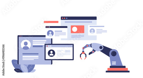 Automated Robotic Arm Interacting with Digital User Profiles and Web Pages, Representing AI-Driven Data Management and UX