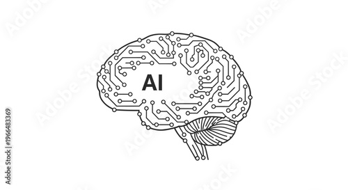 Outline of a human brain with AI text and circuit board pattern, symbolizing artificial intelligence and technology