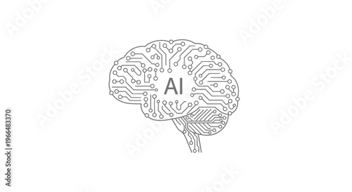 AI Brain with Circuitry - A minimalist illustration representing artificial intelligence, machine learning, and technological innovation in a digital mind concept.