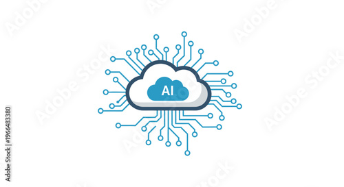 Artificial Intelligence Cloud Computing Concept. AI Technology Network with Digital Brain and Data Storage. Machine Learning and Big Data Analysis on White Background.