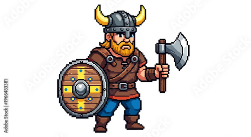 Pixel Art Viking Warrior with Axe and Shield.