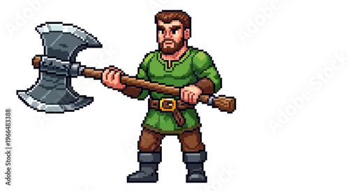 Pixel Art Warrior Holding Large Double-Bladed Axe.