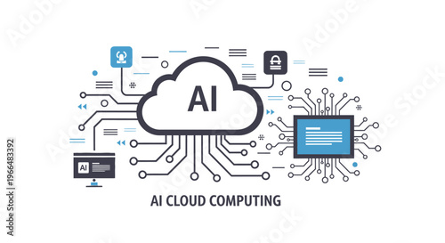Artificial Intelligence Cloud Computing Concept with Circuit Board and Icons Representing Data Security and Technology