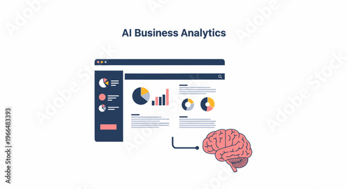 AI Business Analytics Dashboard with Data Visualizations and Human Brain Icon Illustrating Intelligent Decision Making and Digital Transformation