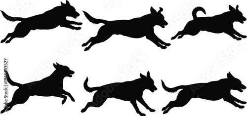 Running dog silhouettes in dynamic jumping and sprinting poses isolated on white background perfect for sports pet design logos icons and action graphics