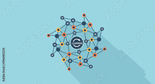 Abstract network of connected nodes and lines with a circular refresh icon in the center, symbolizing learning and data flow.