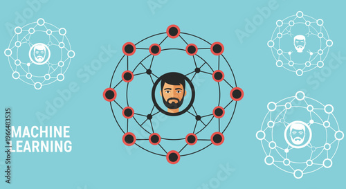 Machine learning concept with interconnected nodes and human face icons representing AI and data analysis