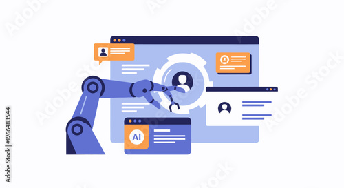 Robotic arm interacting with user profiles on a digital interface, representing AI and automation in recruitment or HR