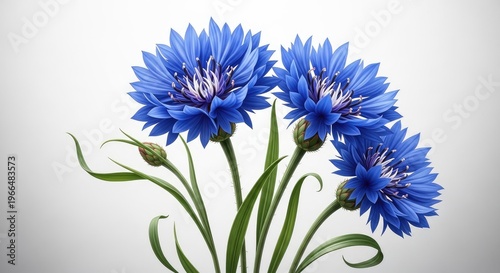 Vibrant blue cornflowers with green stems against a light grey background
