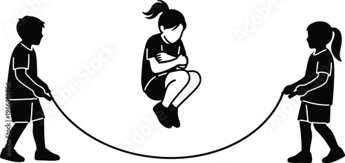 Children Playing Jump Rope Silhouette Vector Illustration for School Playground Activity and Physical Education Concept
