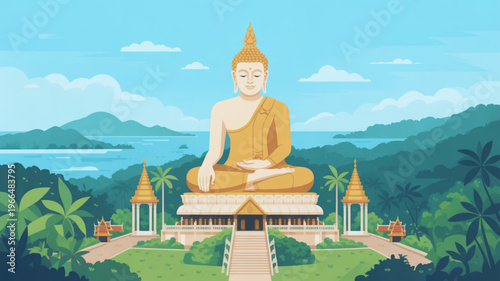 Large golden buddha statue sitting serenely on temple platform with tropical trees mountains and ocean in background