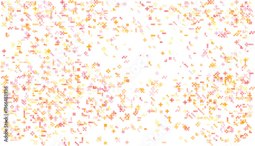 Scattered pixelated shapes in warm pink orange and yellow hues on white