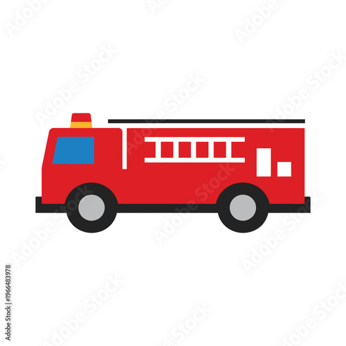 Flat design illustration of a red fire truck with a ladder and siren on a white background