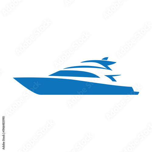 Minimalist blue silhouette of a luxury yacht on a white background for marine branding.