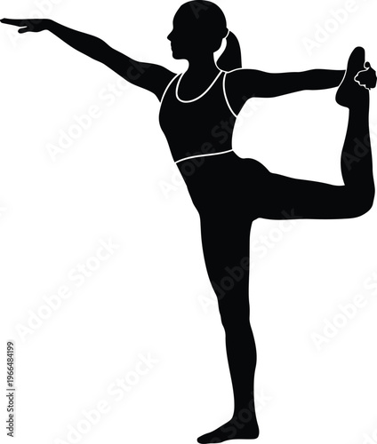 Black Silhouette of Woman Performing Lord of the Dance Yoga Pose on White Background