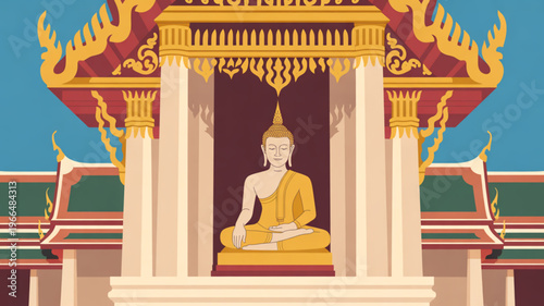 Buddha statue sitting in a traditional thai temple with golden decorations and columns