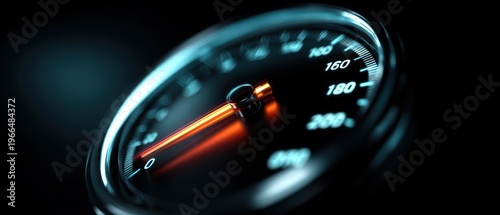 Close up of a speedometer dial showing acceleration and speed on a dark background