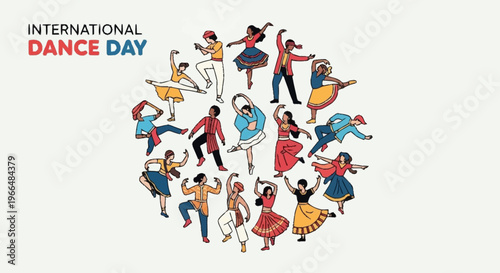 International Dance Day celebration with diverse people dancing in a circular pattern
