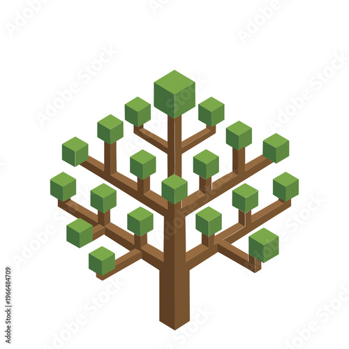 A 3D illustration of a tree with green cube-shaped leaves on brown branches.