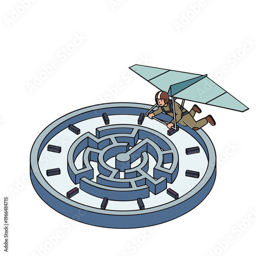 Person flies with hang glider over large maze puzzle outdoors