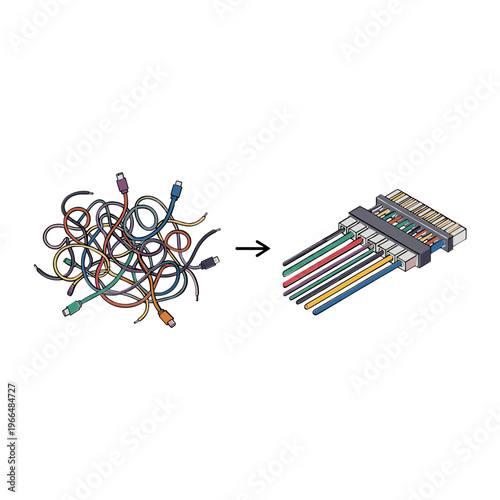 A messy bundle of colorful cables transforms into an organized panel with neatly arranged wires.