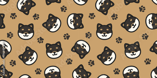 かわいい柴犬と犬の足跡のシームレス背景画像。（Seamless background image of cute Shiba Inu and dog footprints.）
