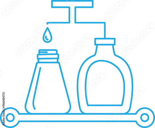 Line drawing of a laboratory setup with distillation apparatus and flasks