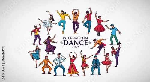 International Dance Day Celebrated with Diverse Group of Dancers in a Circle Illustration
