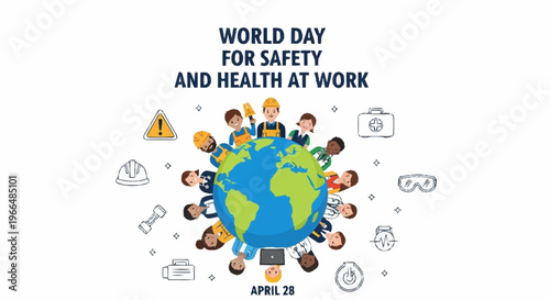 An illustration for the World Day for Safety and Health at Work, highlighting global efforts to promote worker safety, health, and well-being in all professional sectors