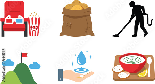Vector icon set with cinema seat and popcorn, potato sack, vacuum cleaning silhouette, mountain landscape flag, hand water drop, and soup meal
