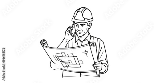 Architect on the phone with a blueprint in his hands, construction worker.