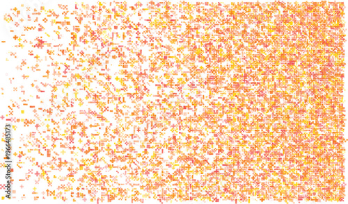 Scattered pixelated squares and crosses in warm orange and yellow hues on white