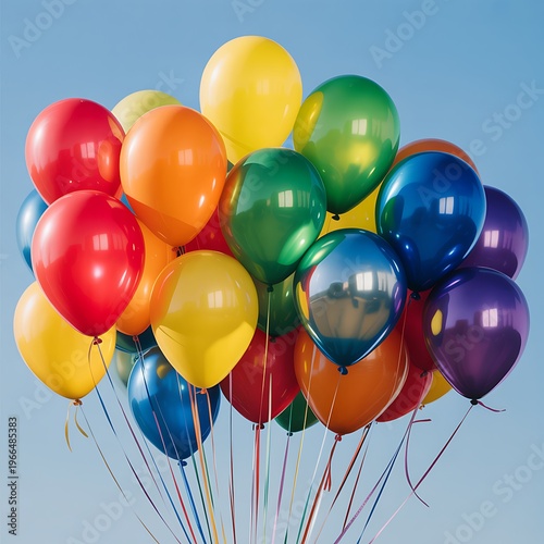 A vibrant collection of assorted colorful balloons floating in the bright blue sky on a celebratory day
