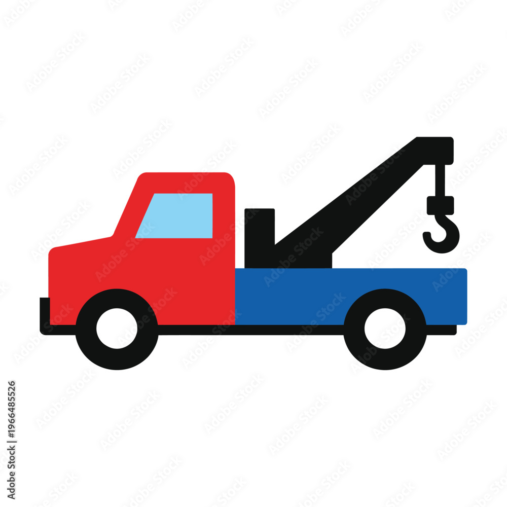 Naklejka premium Colorful flat icon of a red and blue tow truck with a crane and hook for roadside assistance