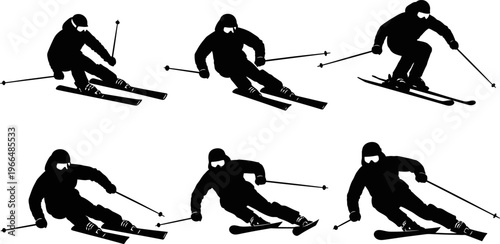 Dynamic Skiers Silhouettes Vector Illustration on White Background, Winter Sports Activity