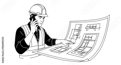 Architect reviewing blueprints and talking on the phone.