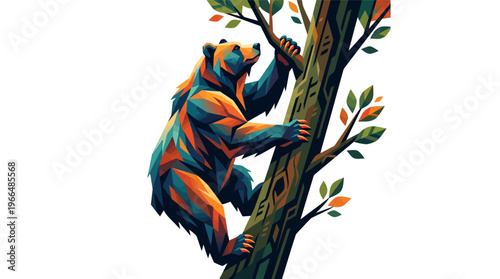 Colorful bear climbing tree branches high.