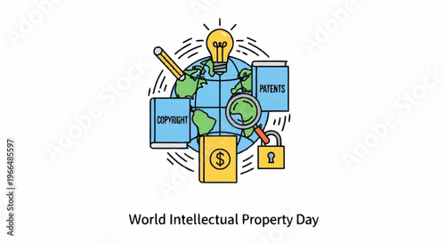 World Intellectual Property Day celebrates global innovation and creativity with symbols of protection and discovery