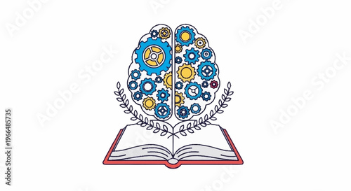 Brain gears illustration on open book, symbolizing knowledge and innovation for World Intellectual Property Day