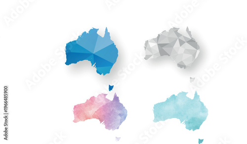 Australia Map Collection Featuring Low-Poly Geometric and Watercolor Artistic Designs Isolated on White Background