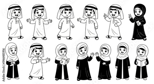 Arabian children in traditional attire, black and white illustration.