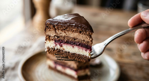 Hand holding fork with slice of chocolate layer cake with berry filling