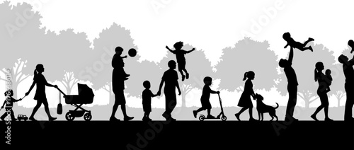 Diverse families in silhouette enjoying park activities with a city skyline backdrop
